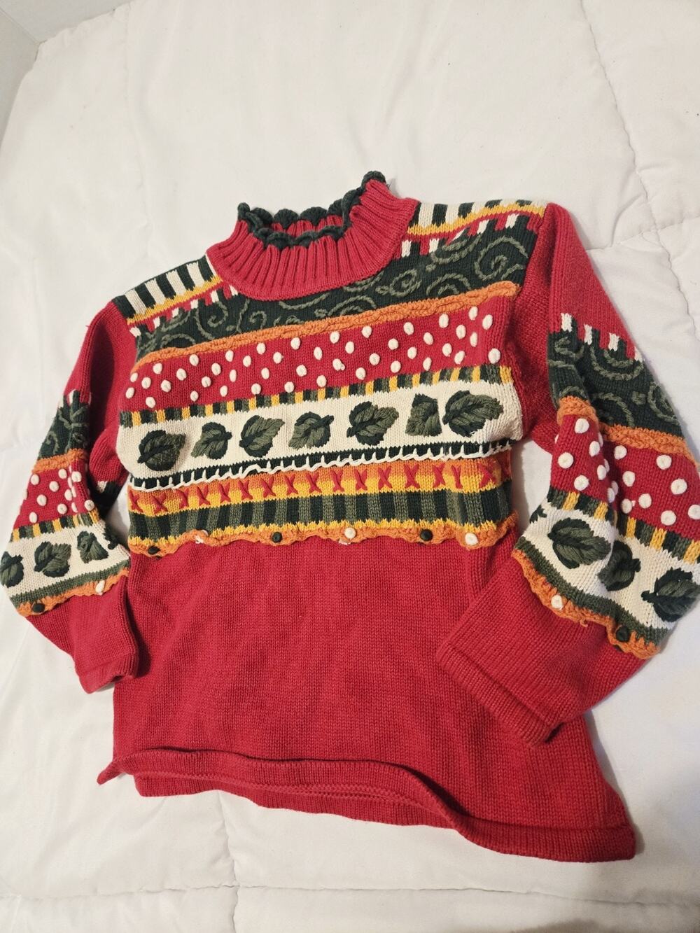Garnet Hill Red Embroidered Girls 5t Pullover Fair Isle Retro Vtg Leaf Fall Y2K